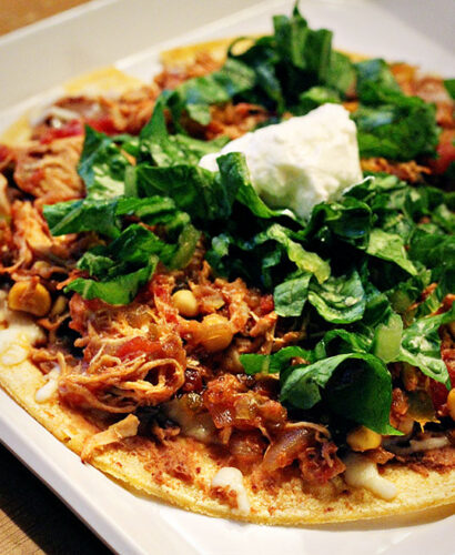 Crockpot Salsa Chicken Tostadas