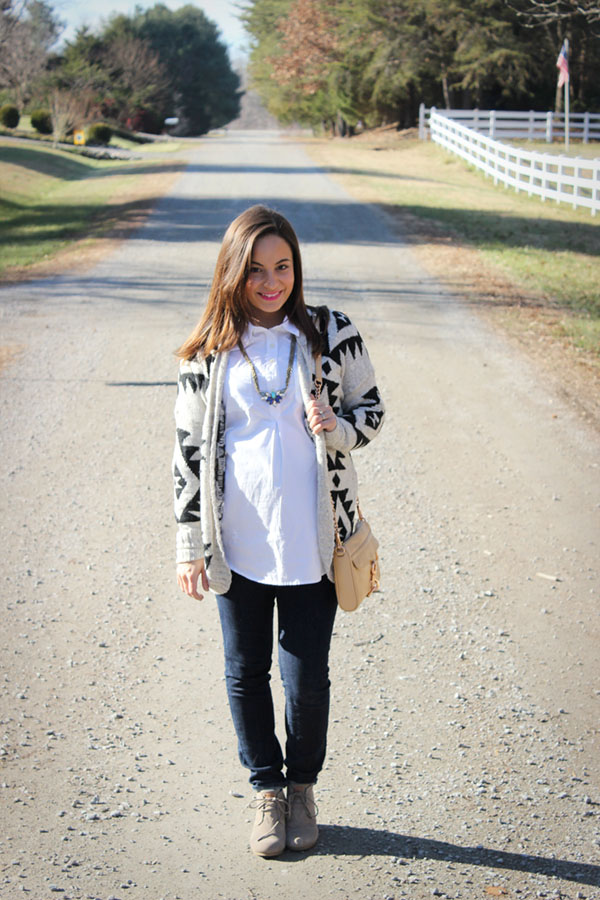 Hollister's Tribal Cardigan, Old Navy Maternity Top, TOMS Wedge Booties, Rocksbox Necklace, Rebecca Minkoff Bag