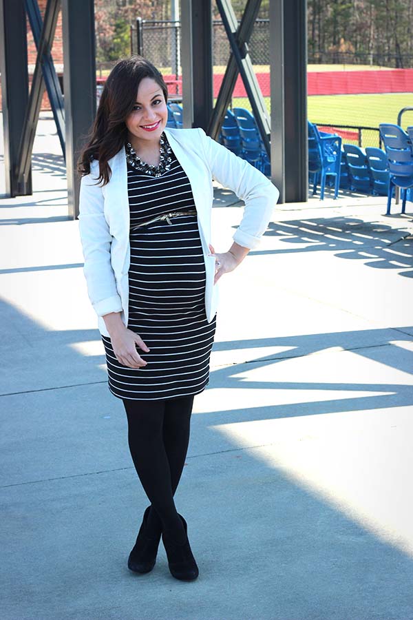 maternity fashion - striped shift dress, white blazer, black booties