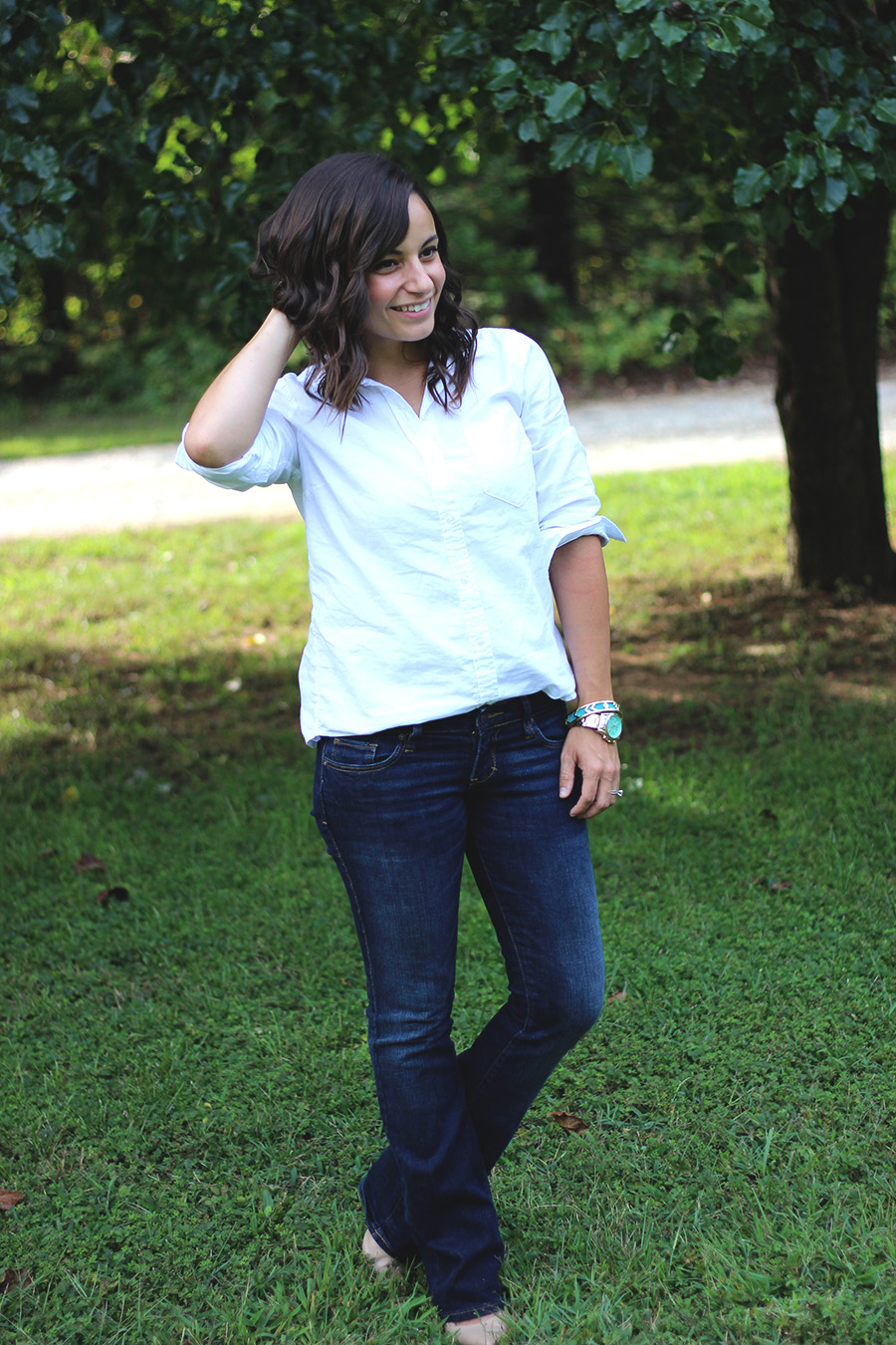 Flare Jeans Fall Outfit | Pumps and Push-Ups | Old Navy | Oxford | Lived In Waves