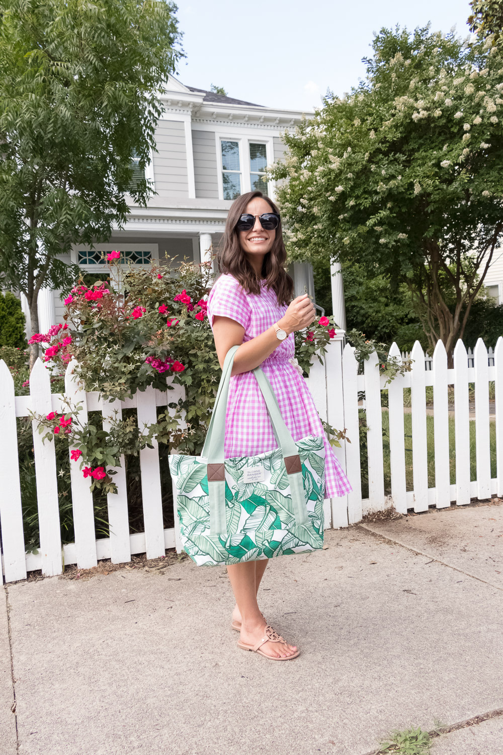 Gingham Dress from j. crew with tory burch sandals