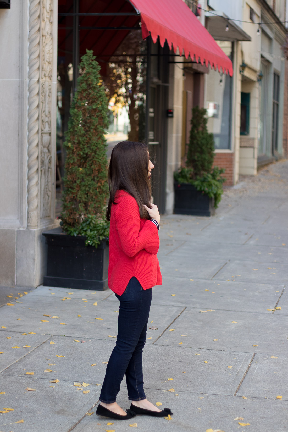 LOFT Red Sweater with J. Crew Factory Denim and J. Crew Lottie flats in suede