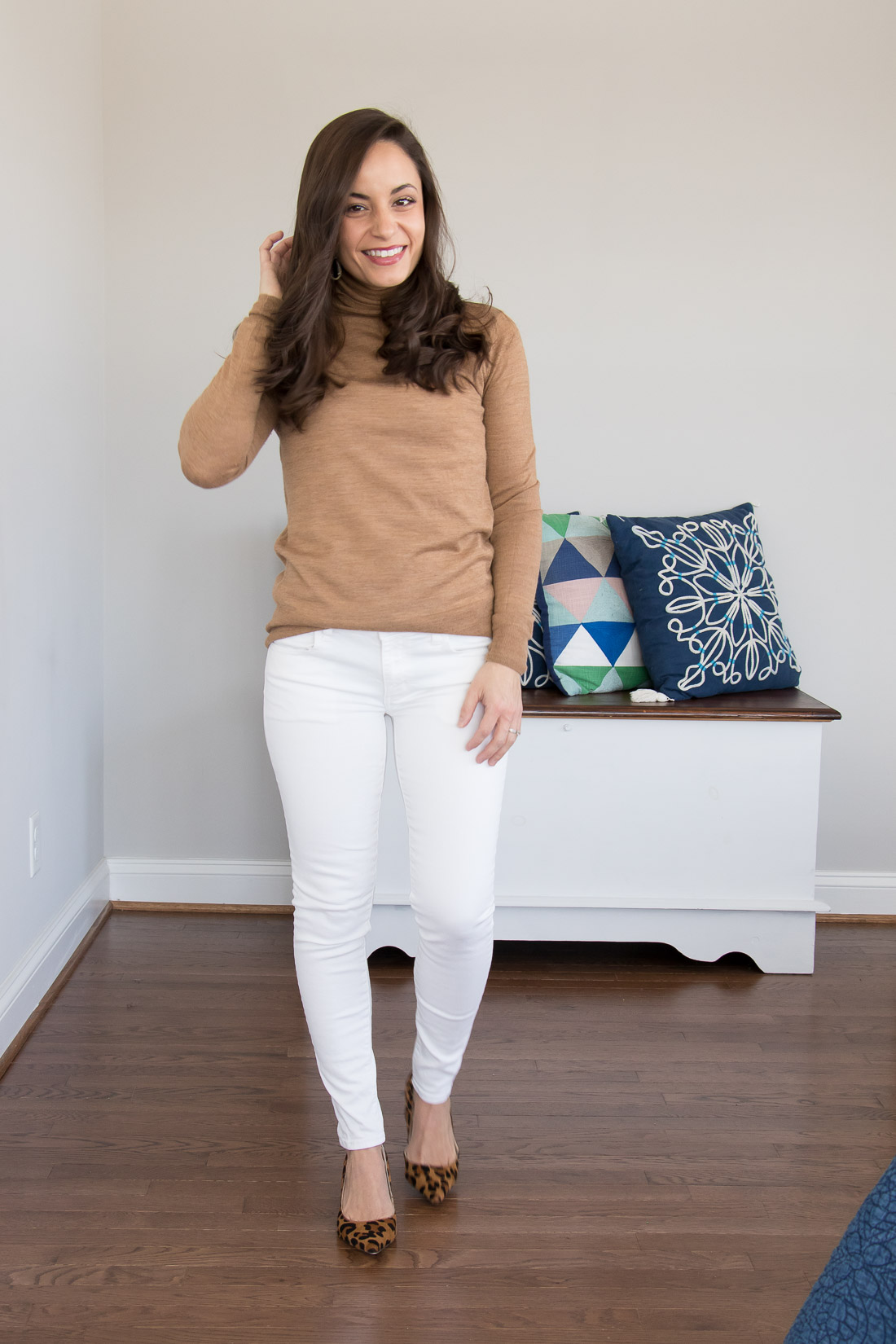 camel and white outfit