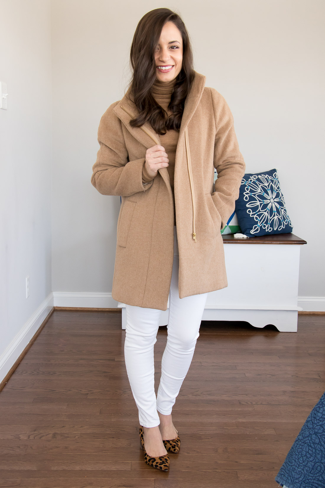 Camel coat outfit with winter white. White denim outfit for winter. 
