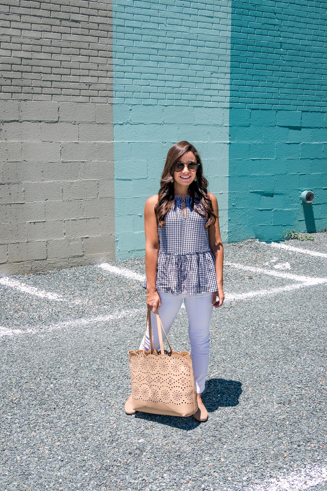 Summer outfit: White cropped denim, comfortable loafers, gingham peplum top