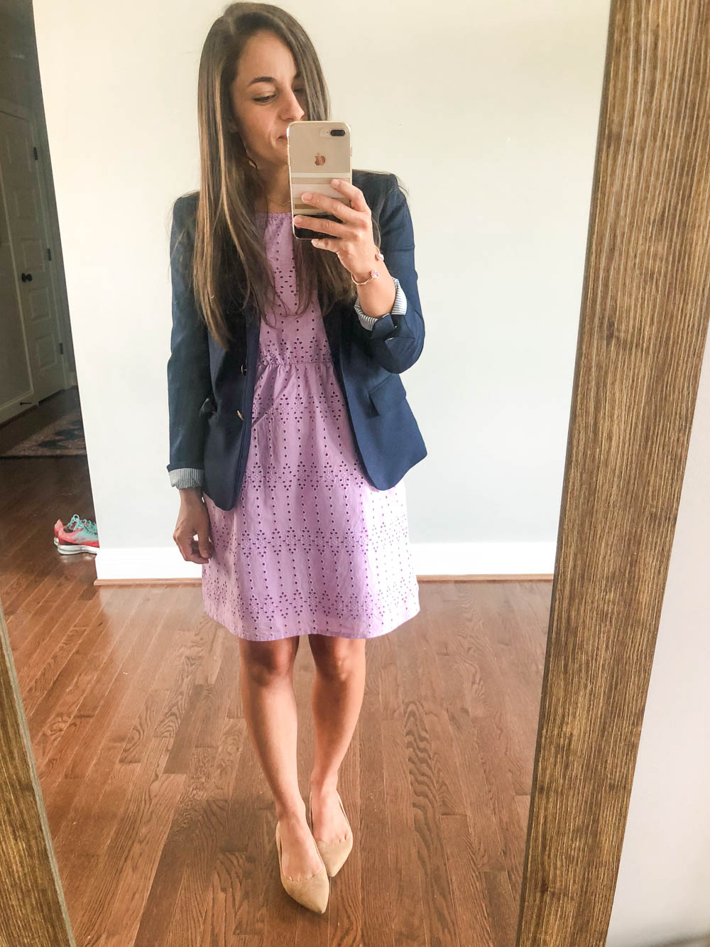 Petite style blogger, wear to work outfit. J. Crew schoolboy blazer, Old Navy eyelet dress and Sam edelman flats