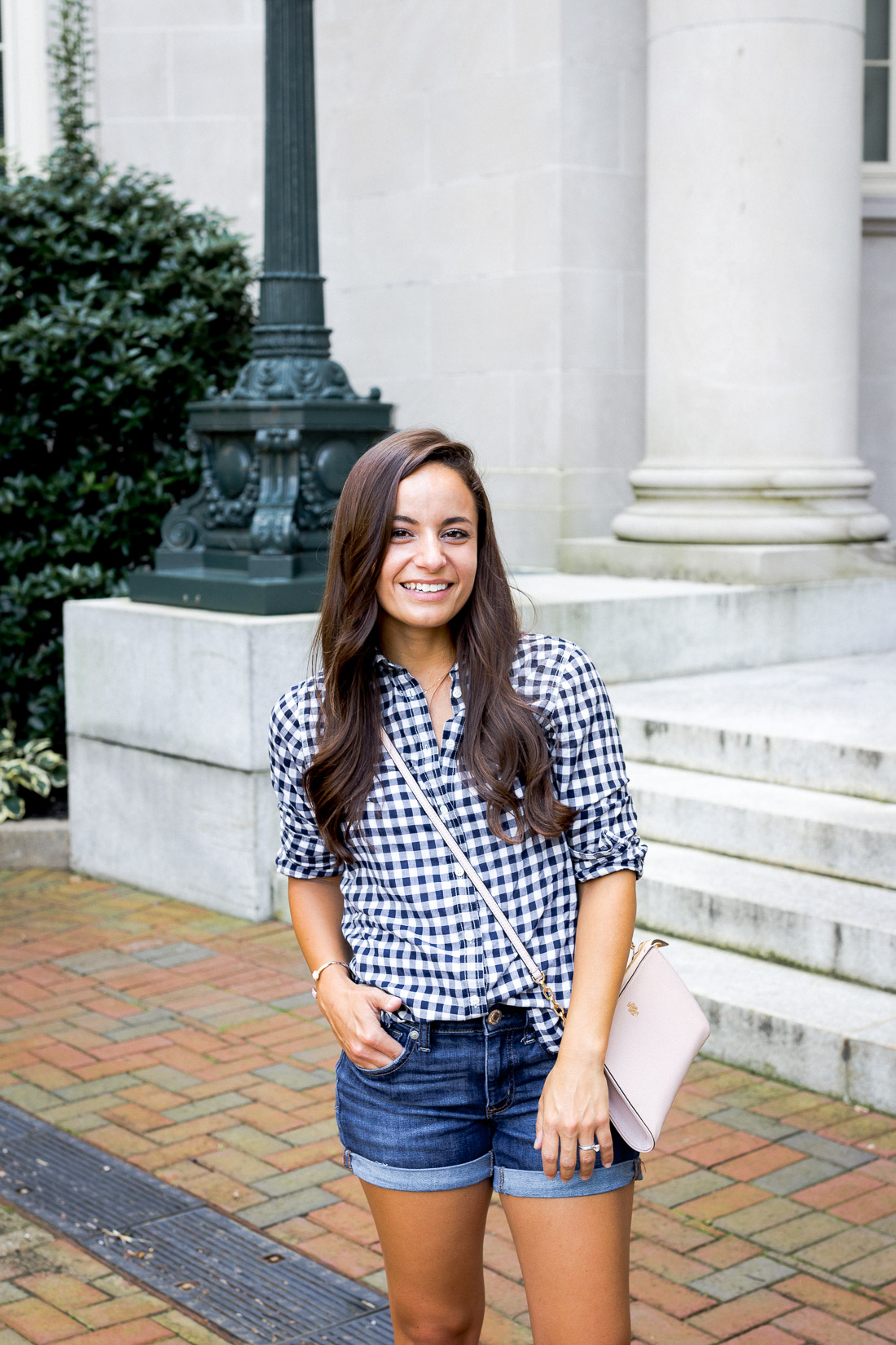 Navy and White gingham top by J. Crew on petite style blogger brooke of pumps and push-ups