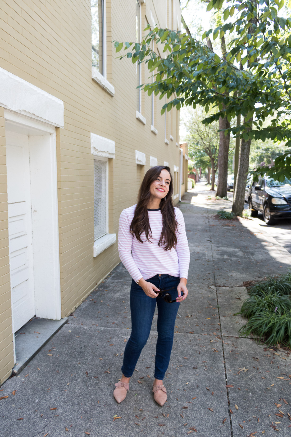 Pink striped long sleeve top with curvy denim from Loft. Charlin Mules by Jeffery Campbell. Petite Style blogger Brooke of Pumps and Push-Ups 