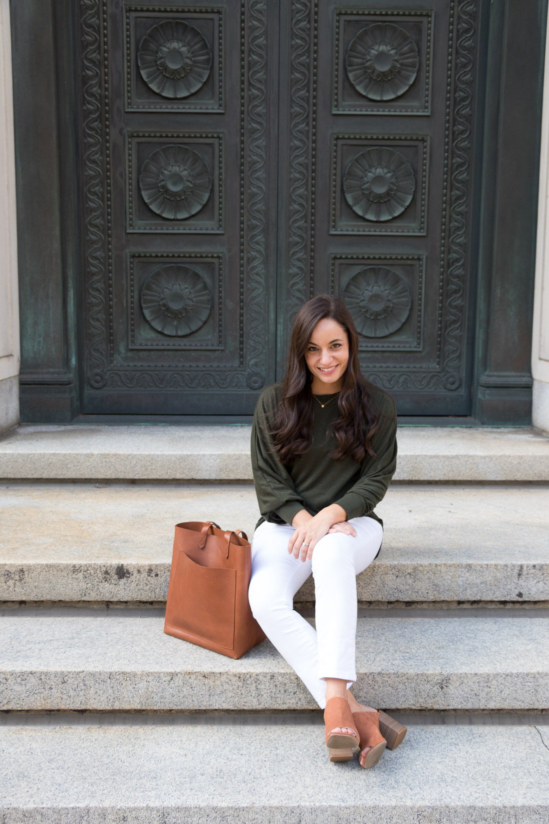 Petite style blogger: olive dolman top, white denim, and heeled mules. Fall outfit idea.