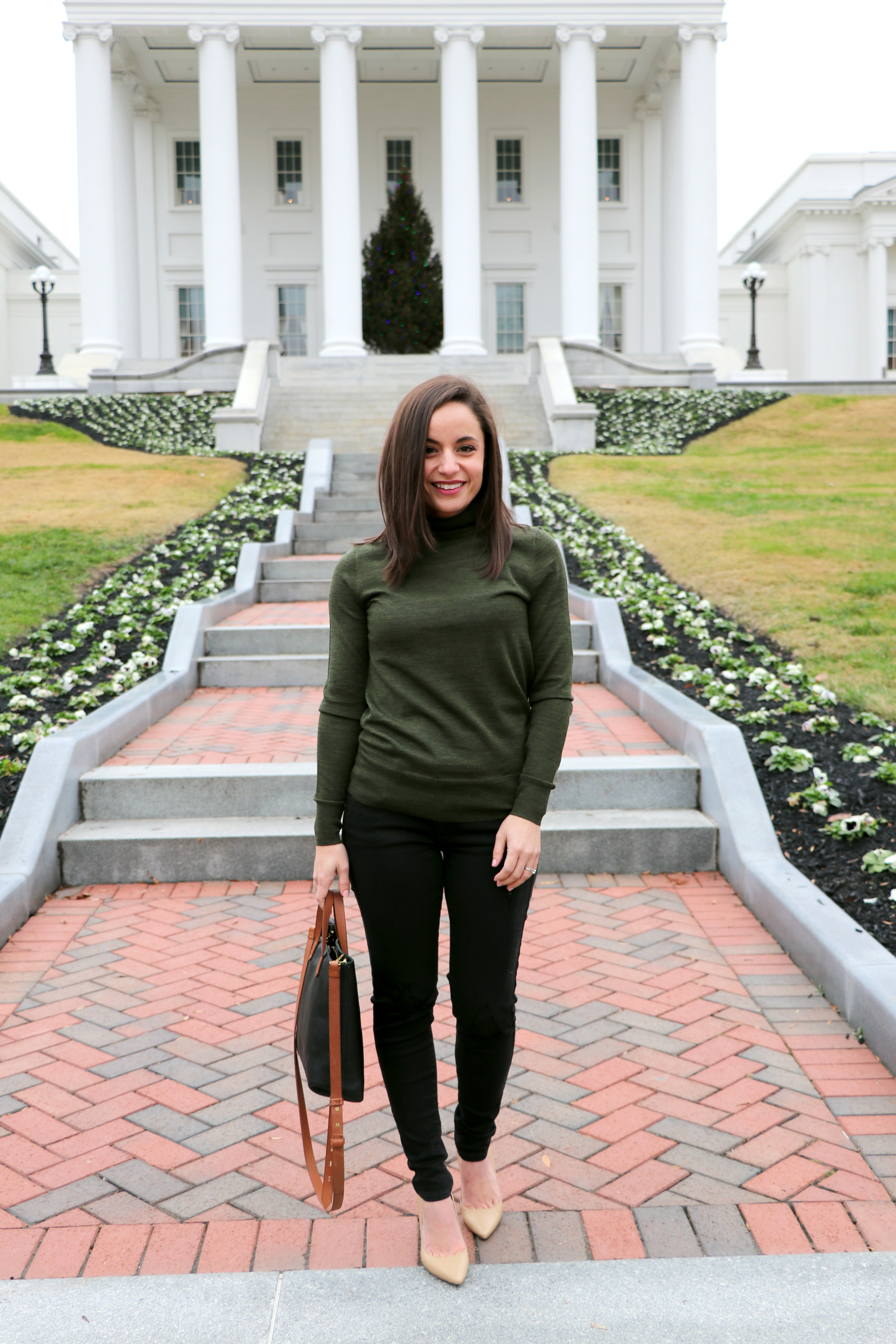 Stitch for petites review | Olive turtleneck with distressed black denim and neutral pumps. Classic style. 