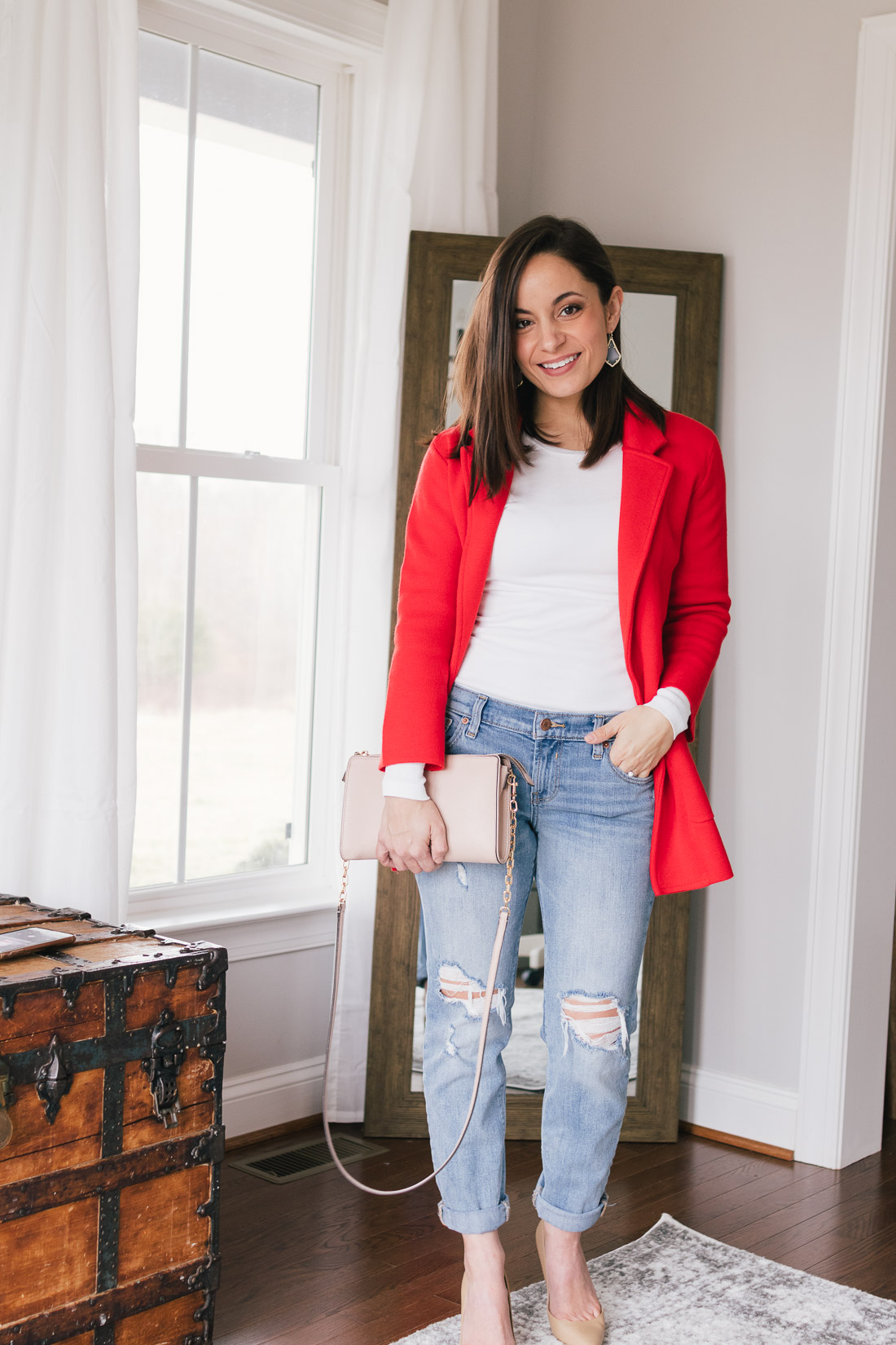 Boyfriend jeans worn with a red sweater blazer | Three ways to wear a red blazer | Pumps and Push-Ups | Petite Style 