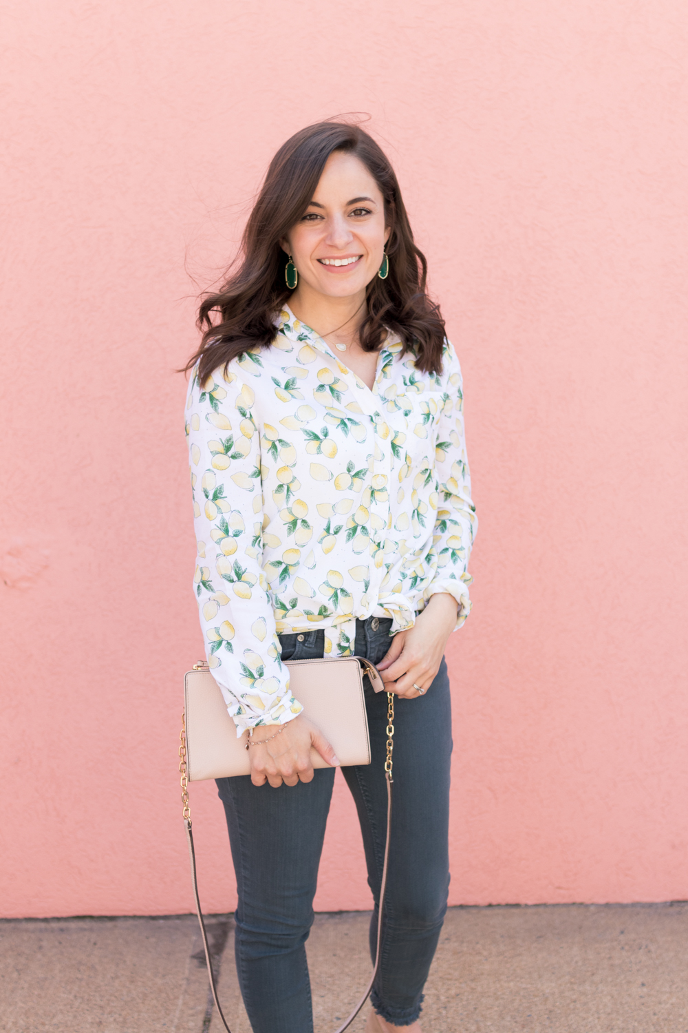 Lemon print top from Stitch Fix outfit via Pumps and Push-Ups Blog | petite style blogger | summer outfit ideas | spring outfit ideas | lemon print outfits | LOFT frayed jeans | Tory Burch Wallet Bag 