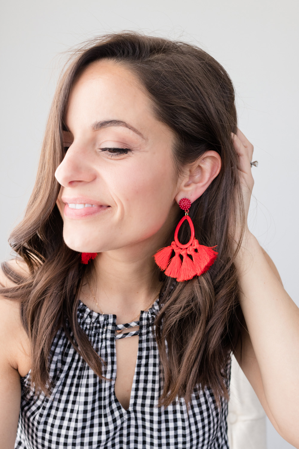 Sugarfix by Baublebar earrings outfit via pumps and push-ups blog | red earrings | earrings | black and white gingham outfit | petite style blogger 