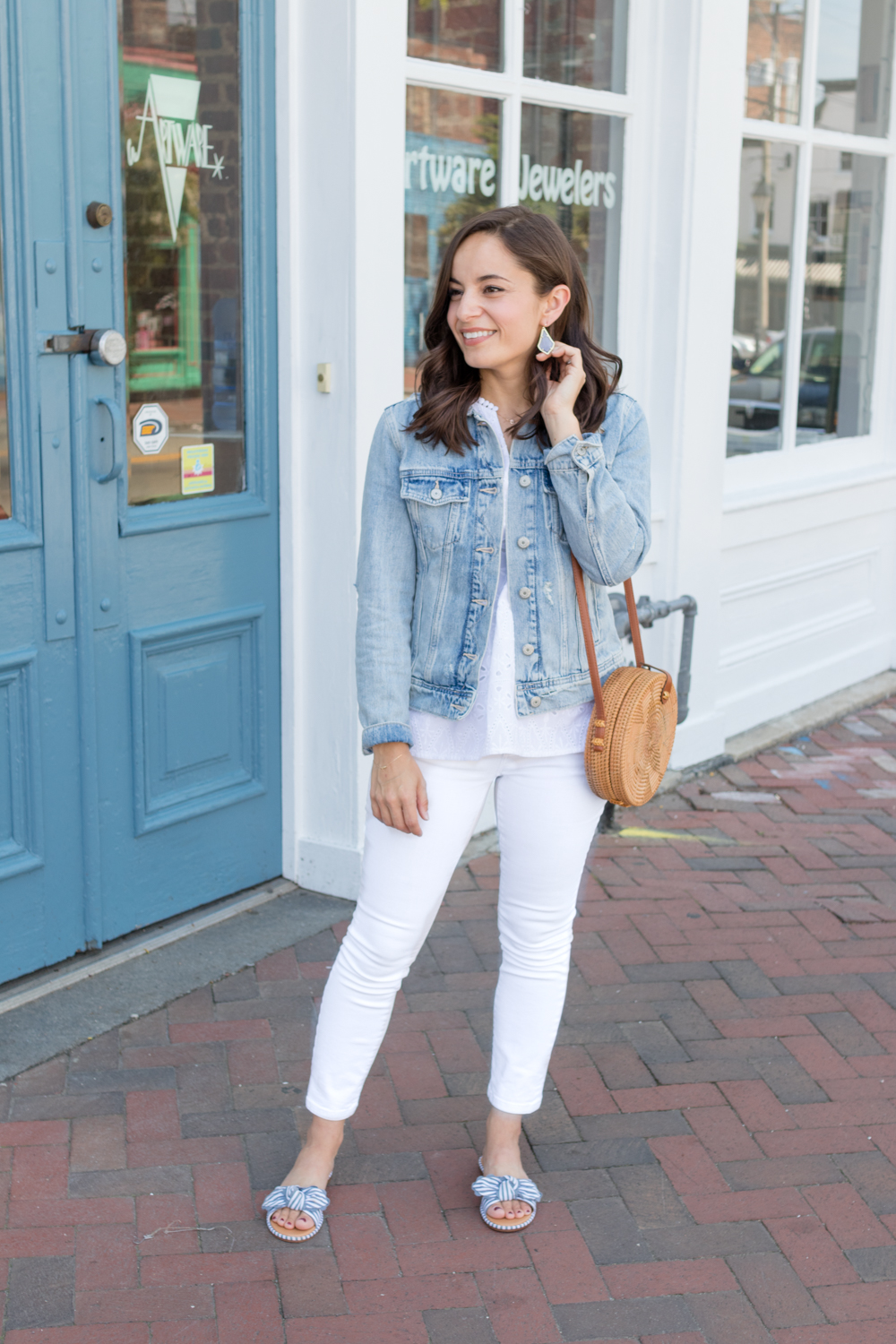 denim and white outfit for ladies