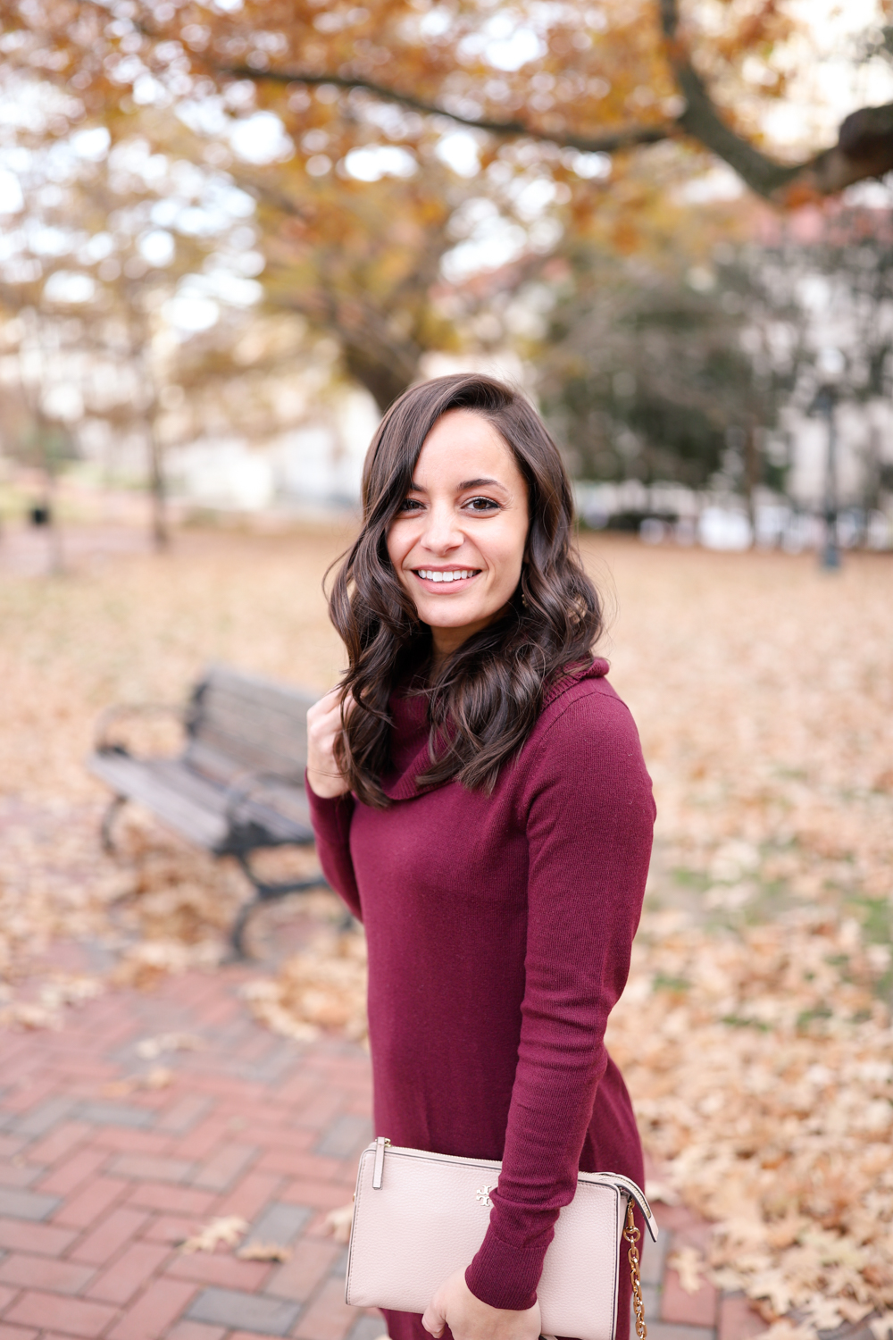 Burgundy sweater dress outfit via pumps and push-ups blog | how to style a sweater dress when you're petite | petite style tips 