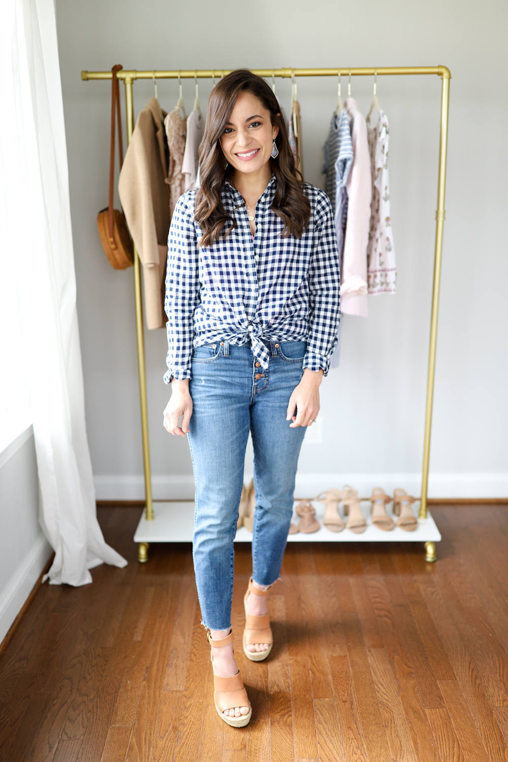Gingham top tied outfit via pumps and push-ups blog | petite style blogger | petite blogger 
