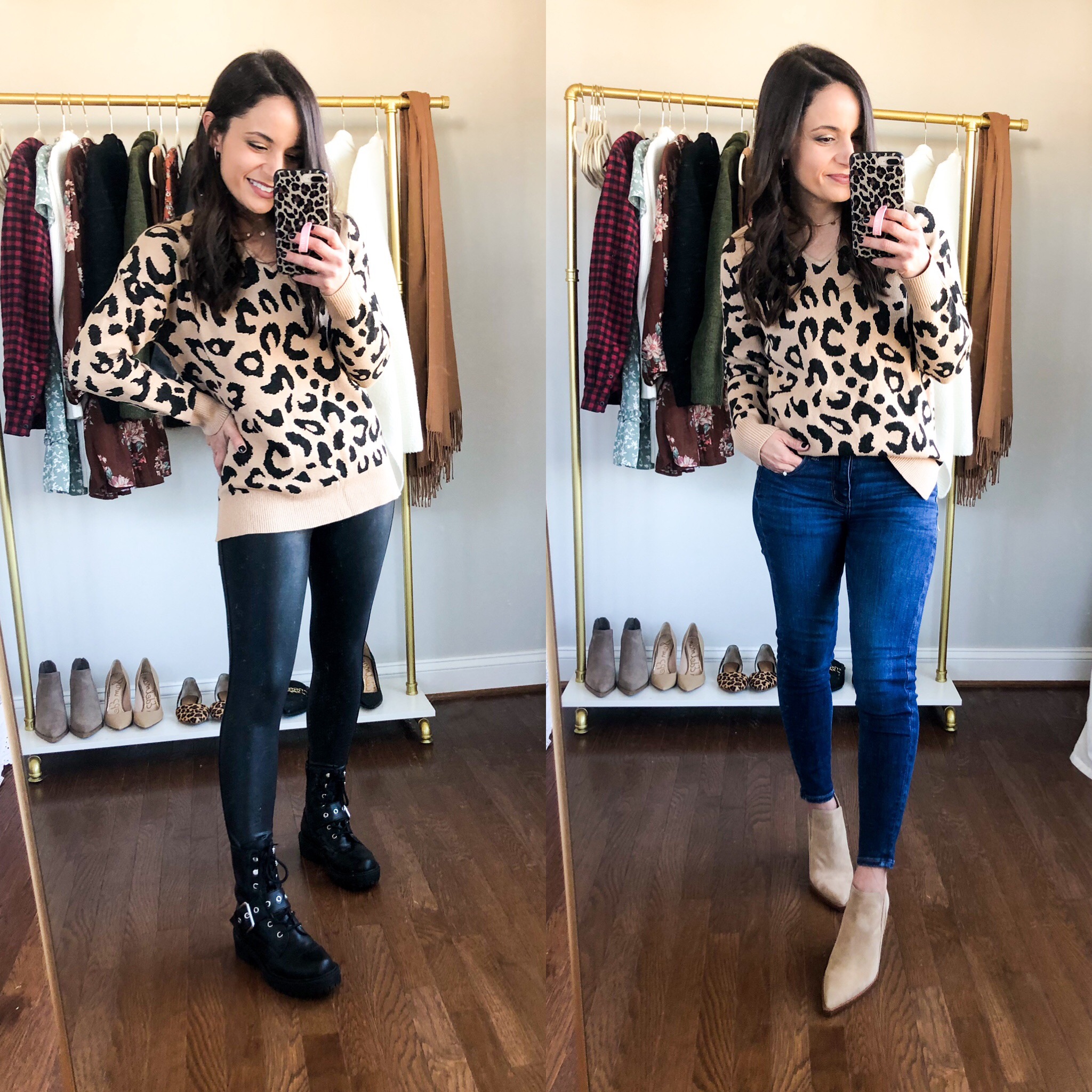 Petite style blogger styling a leopard sweater | combat boots outfits for petites | combat boots | fall outfits | leather leggings outfits 