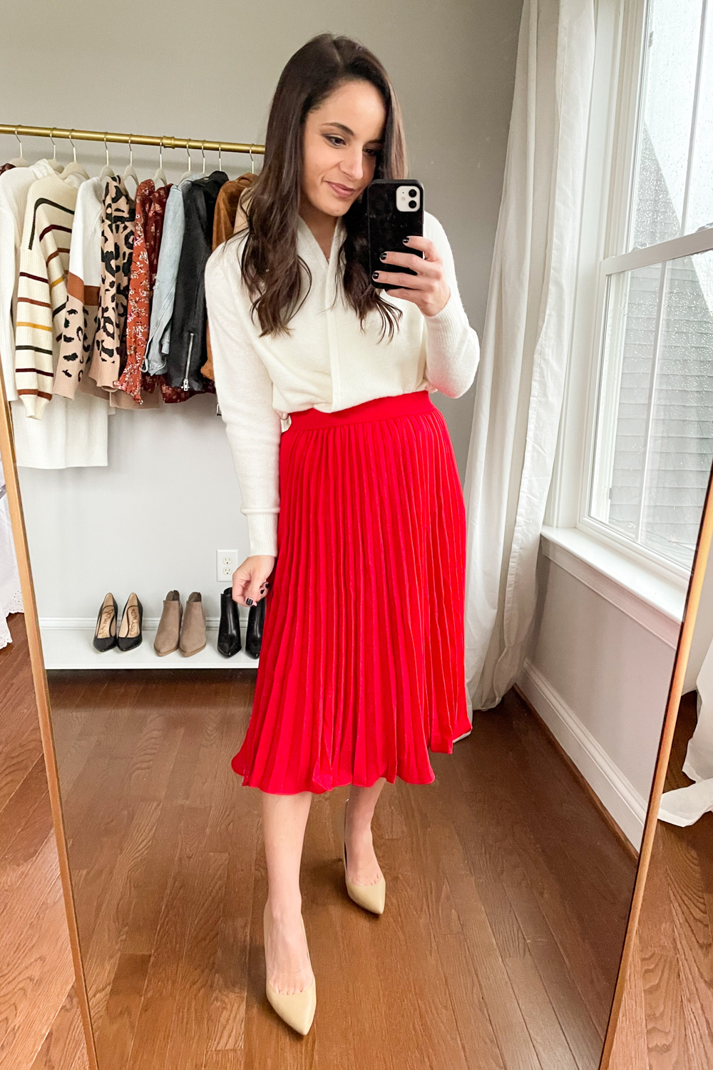 Red midi skirt for petite women via pumps and push-ups blog | petite style | Amazon fashion 