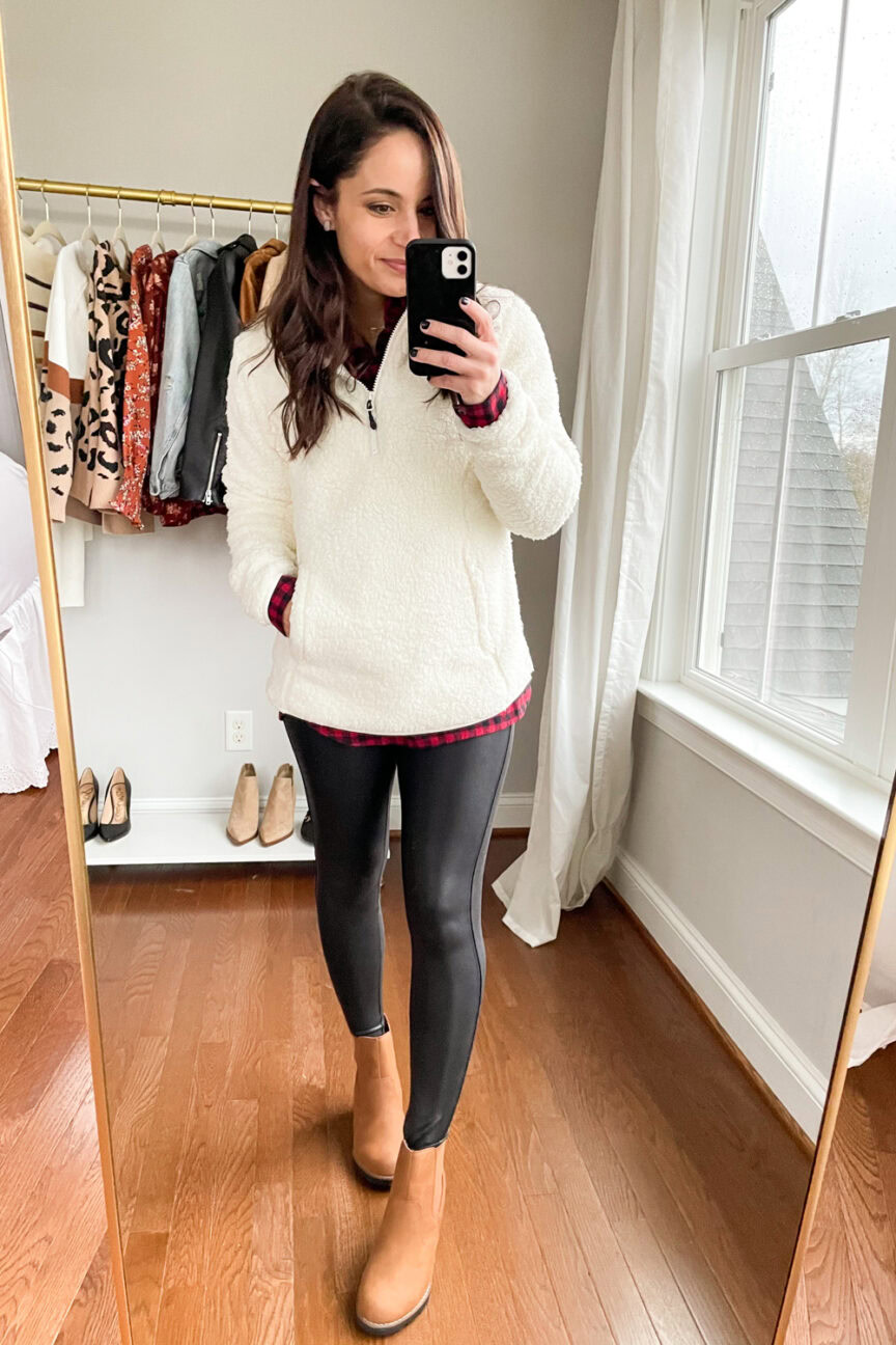 Sherpa and leather leggings outfit via pumps and push-ups blog | sorel dupe boots | target boots | leather leggings outfits