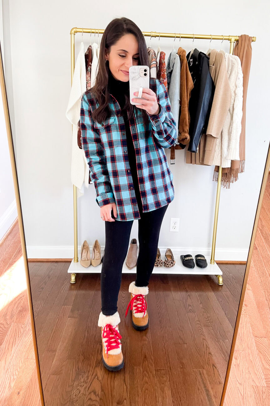 Four ways to wear the shacket trend this fall and winter via pumps and push-ups blog | petite style blog | winter outfits | sherpa boots outfit