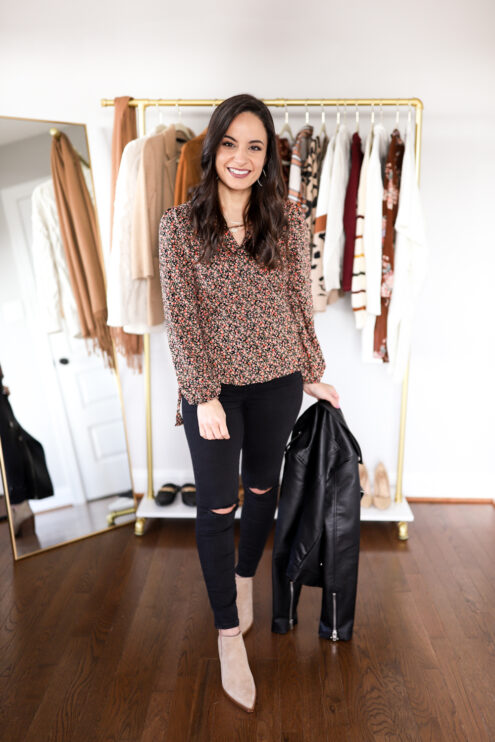 Casual Thanksgiving outfit via pumps and push-ups blog | wrap top and black jeans outfit | petite style | petite blogger