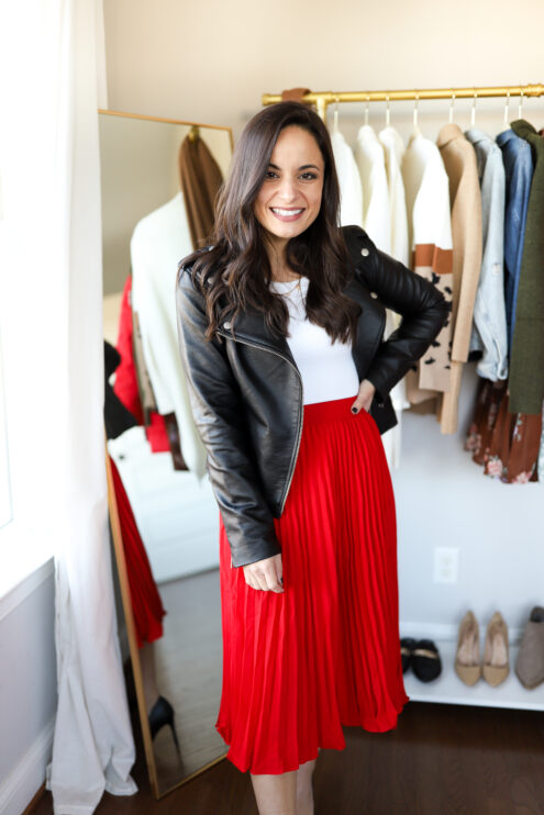 Moto jacket with midi skirt outfit via pumps and push-ups blog | petite style blogger | petite style | fall outfits | fall style