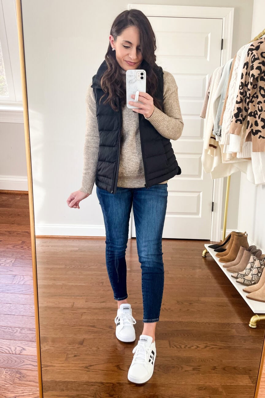 Jeans and sneakers outfit for winter via pumps and push-ups blog | petite style blogger | petite fashion