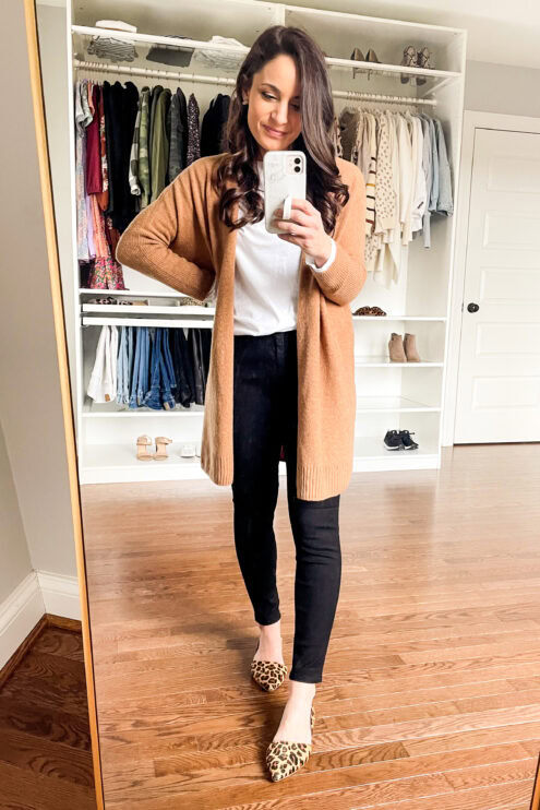 black jeans and camel cardigan outfit via pumps and push-ups blog | leopard flats outfit | petite fashion | petite blogger | winter outfits