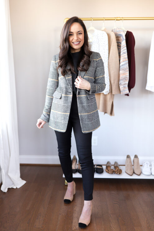 Black pants and plaid blazer outfit via pumps and push-ups blog | petite style blogger | petite fashion | petite style | LOFT petites