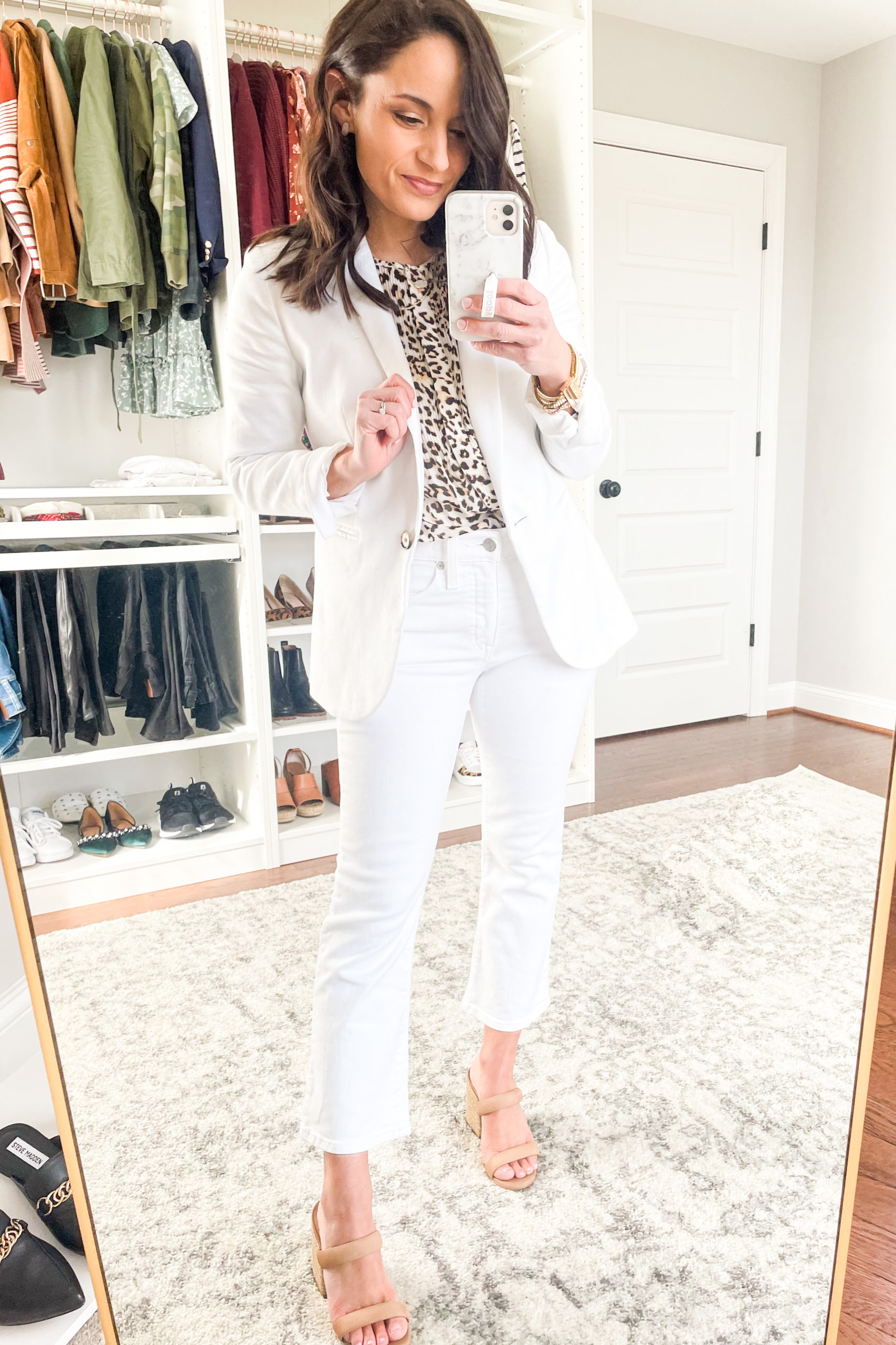 spring outfit with white blazer and white jeans via pumps and push-ups blog | petite style blog | petite fashion | leopard top outfit | white jeans outfit | cropped flares outfits 