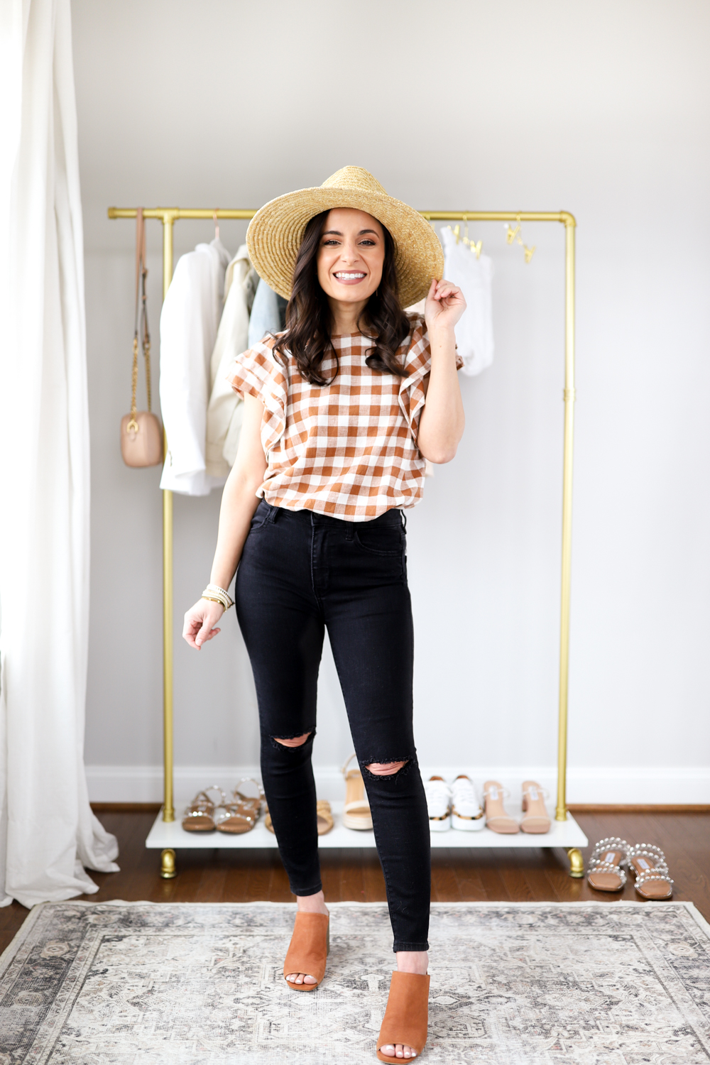 Early spring outfit with a gingham top and black jeans via pumps and push-ups blog | petite style blogger | petite fashion 