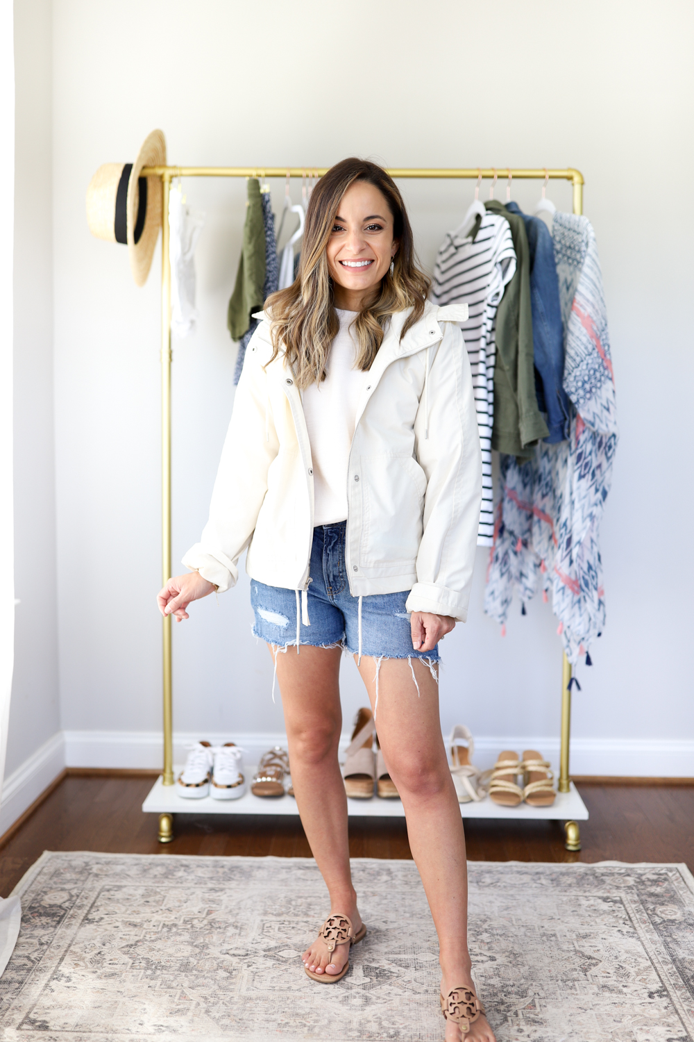 Spring outfit with a rain jacket and shorts via pumps and push-ups blog | petite style | capsule wardrobe | capsule style 