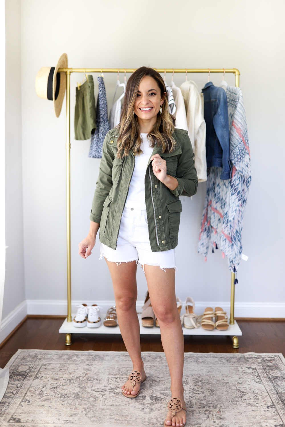 Olive jacket summer outfit via pumps and push-ups blog | petite fashion | capsule wardrobe for spring |  petite fashion