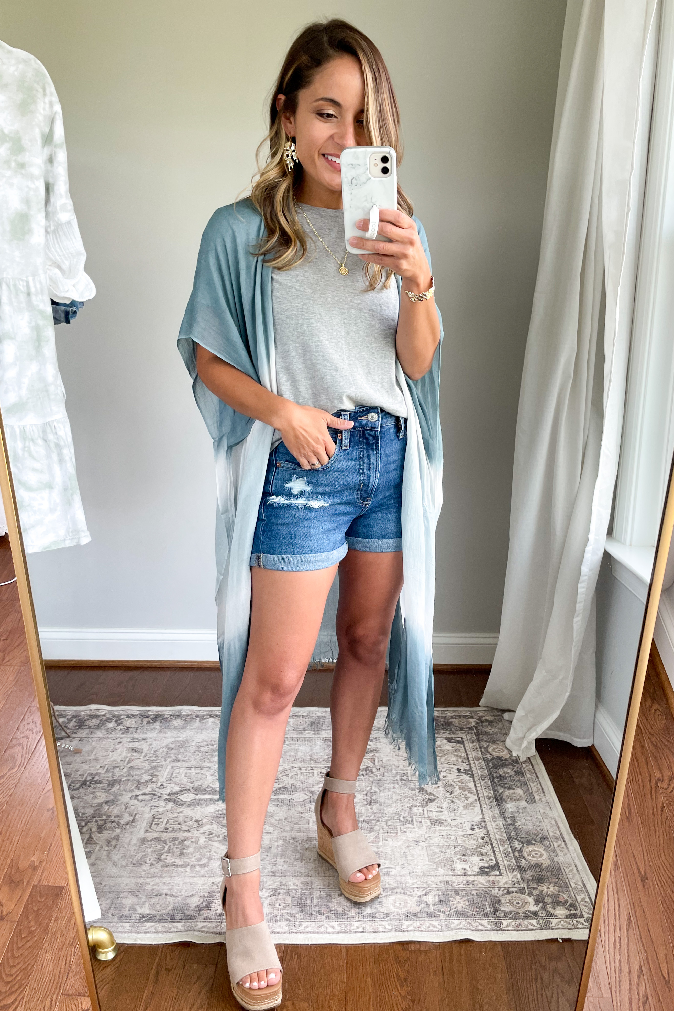 summer outfit with a kimono and denim shorts via pumps and push-ups blog | kimono outfit | summer outfits 