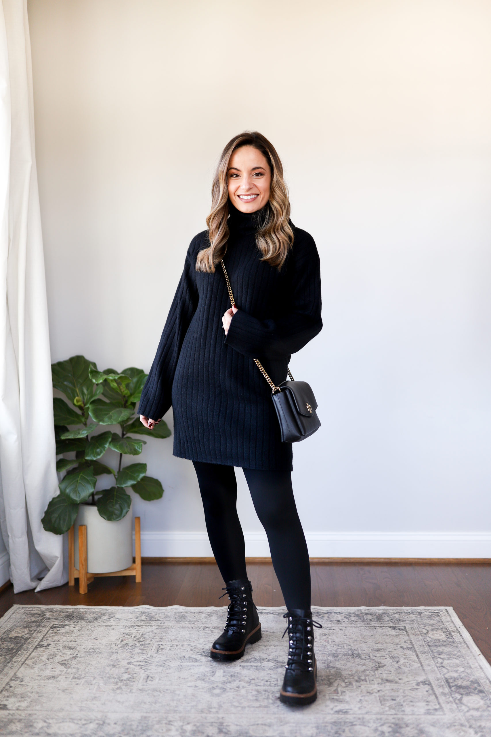 Black Leggings with Sweater Dress Outfits (12 ideas & outfits)