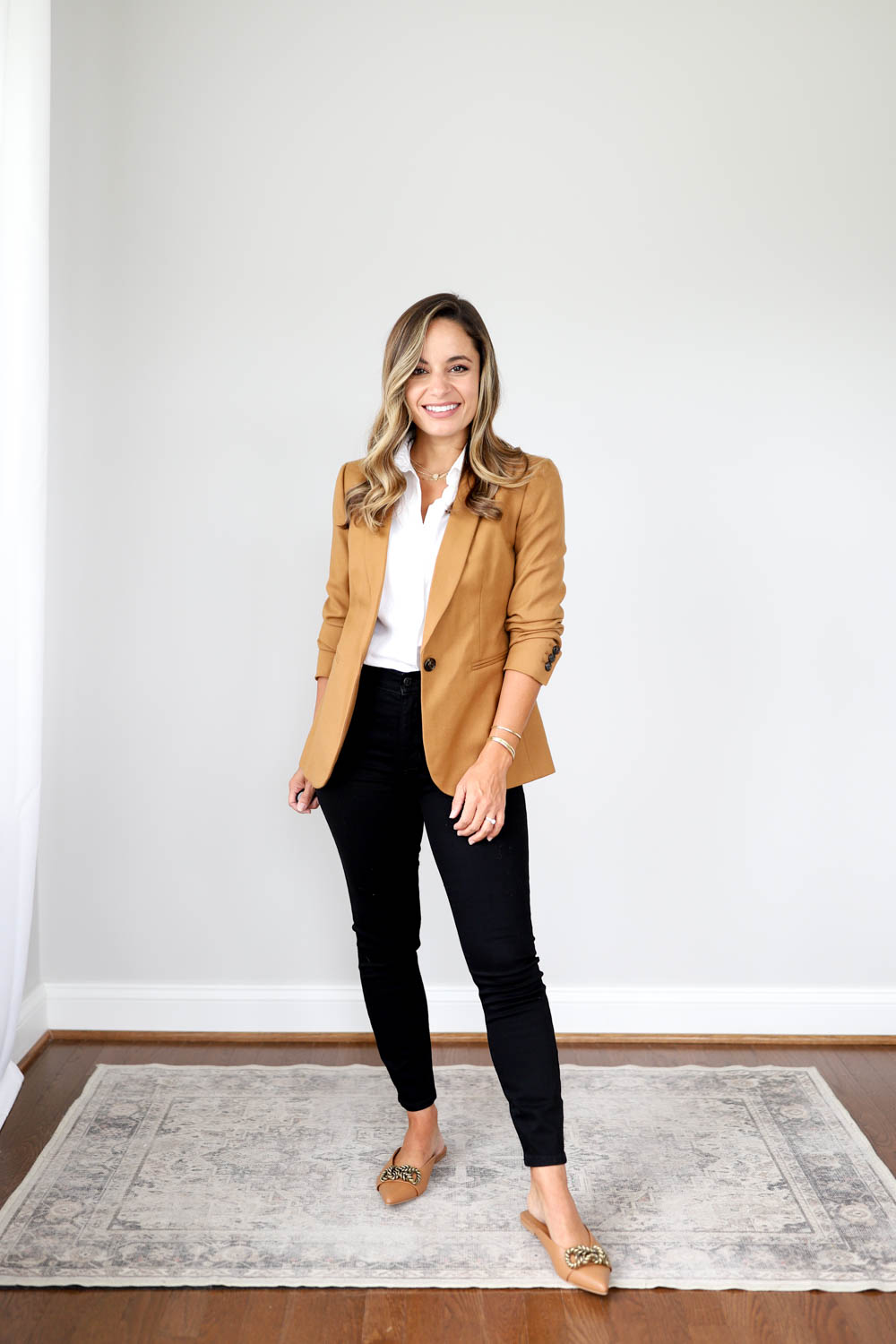 Camel blazer 2025 with black pants