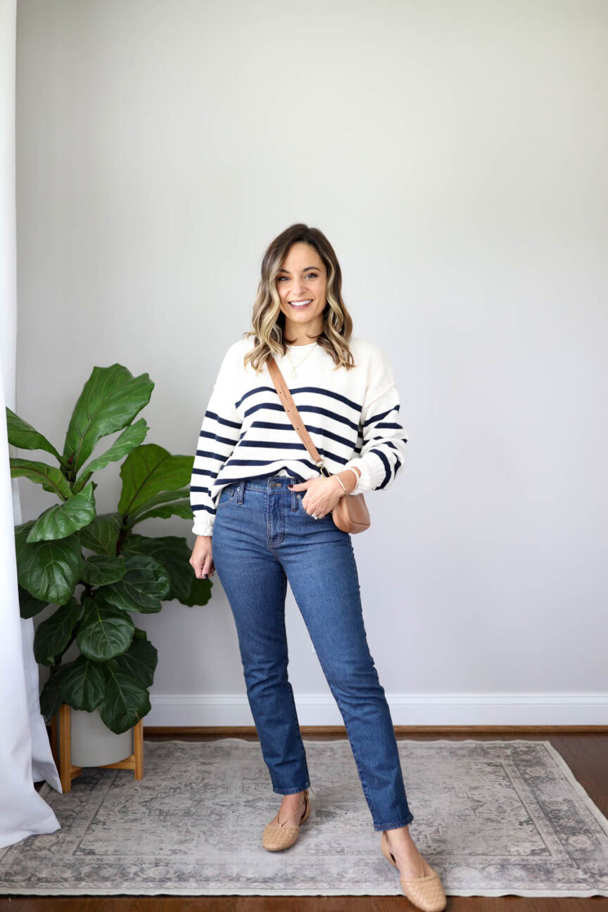 Petite-friendly jeans from Madewell | madewell jeans | fall outfits via pumps and push-ups blog | petite style | fall outfits | striped sweater outfits