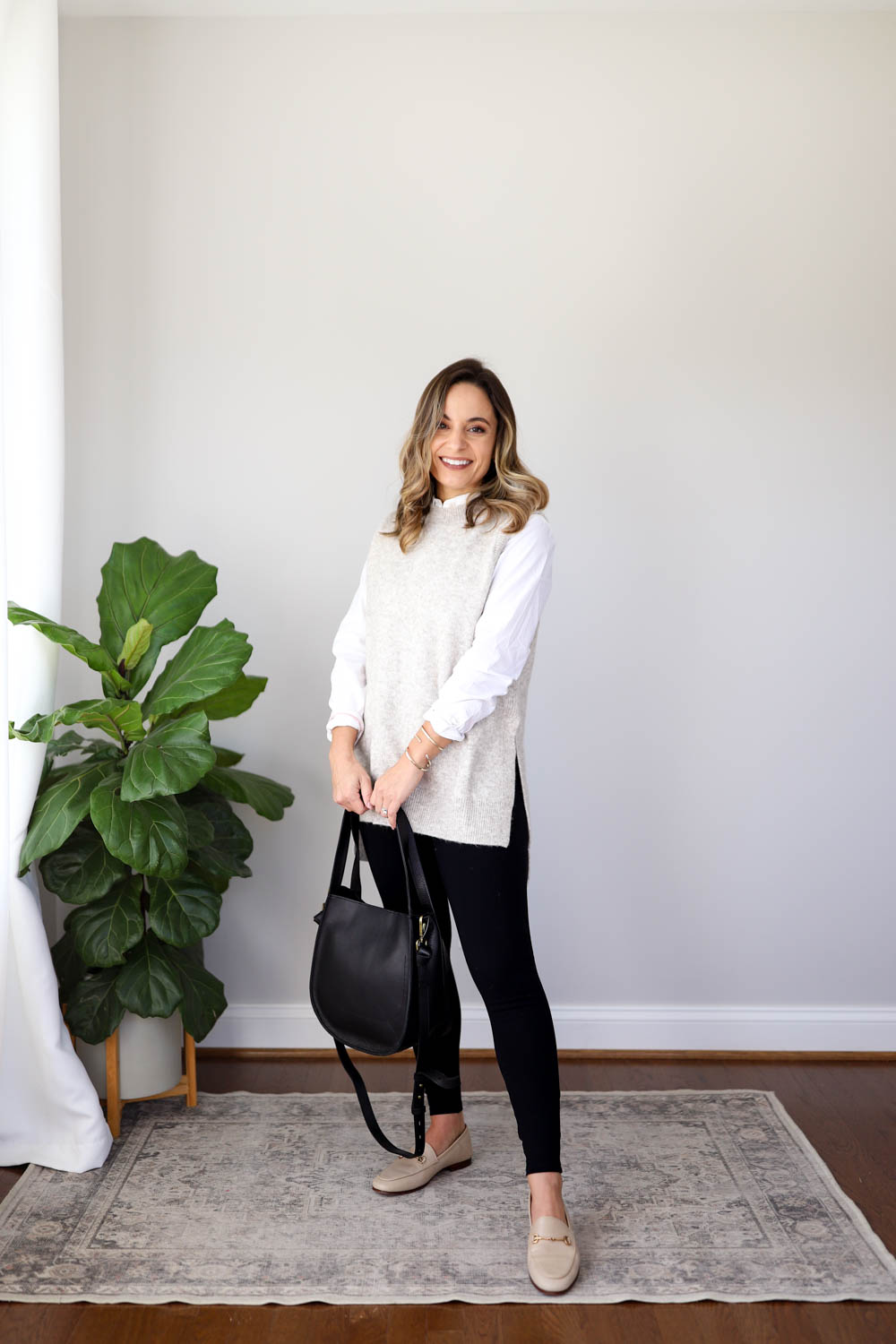 long, lean tunic sweater and leggings with boots. Love it!