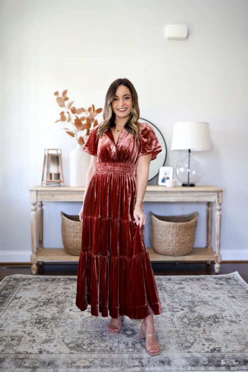 Rust fall dress | velvet fall dress | petite-friendly fall dress | family photo dresses