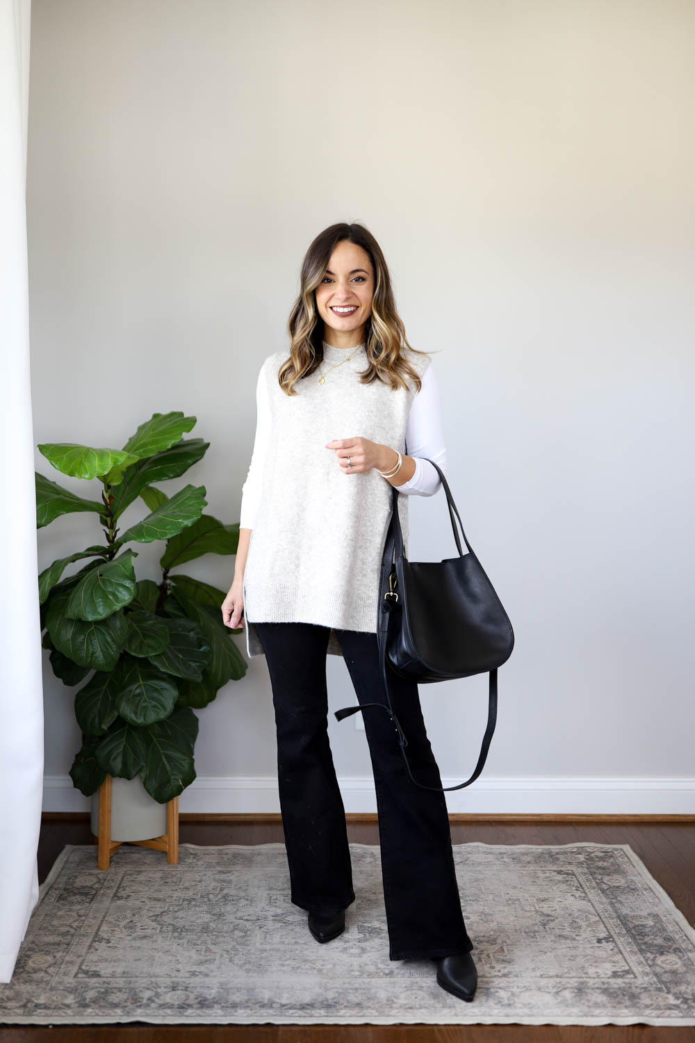 Black Sweater Dress with Black Flare Pants Outfits (1 ideas & outfits)