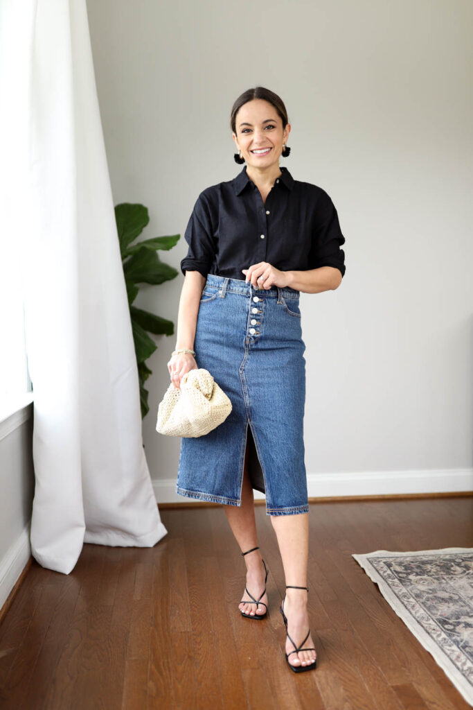 Four Ways To Wear A Denim Midi Skirt Pumps And Push Ups