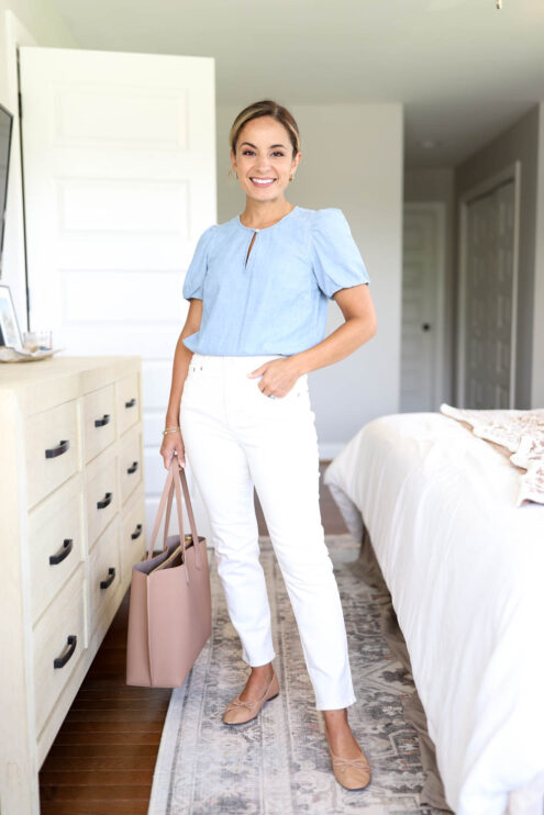 Outfit for work with jeans via pumps and push-ups blog | white jeans outfits | petite style | petite fashion | jeans outfits for work