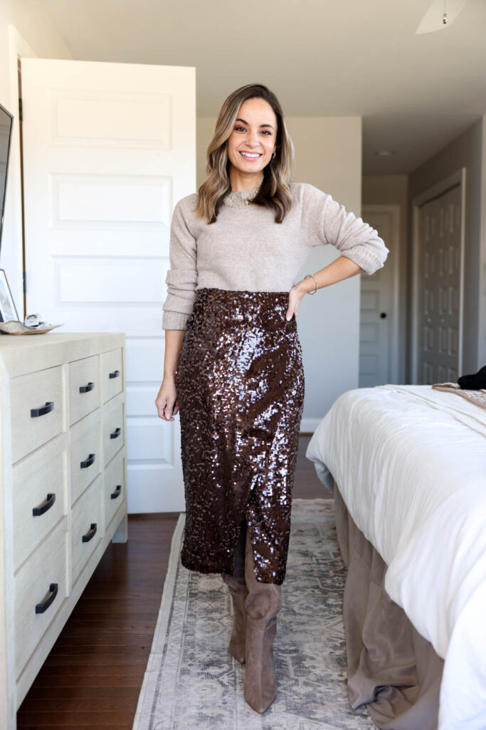 Holiday outfit with boots | friendgiving outfit idea | petite friendly outfits | sequin skirt outfit