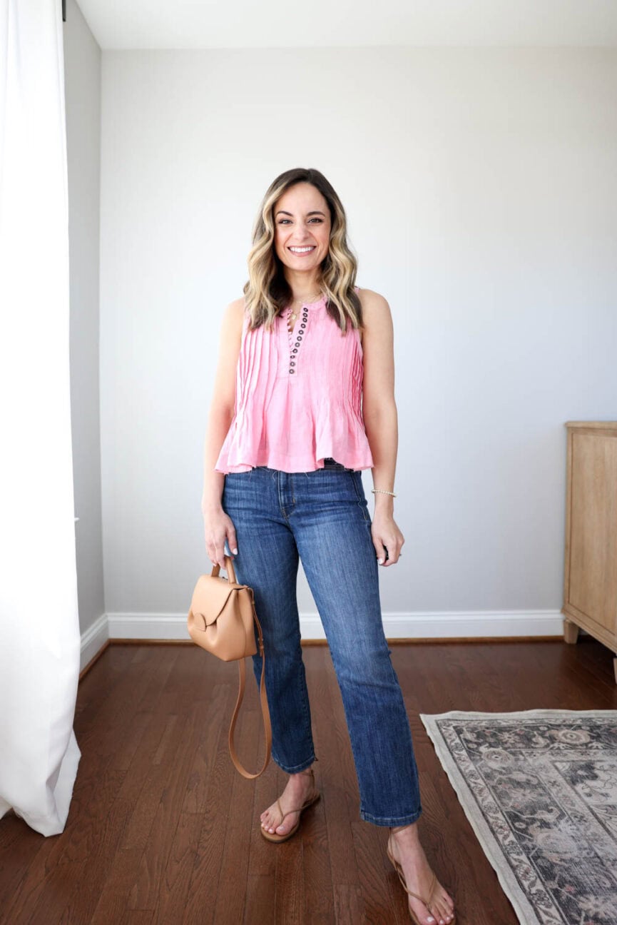 Petite-friendly spring and summer outfits | casual spring outfit | petite-friendly tops from Anthropologie | cropped flare jeans outfits | AYR jeans | petite style