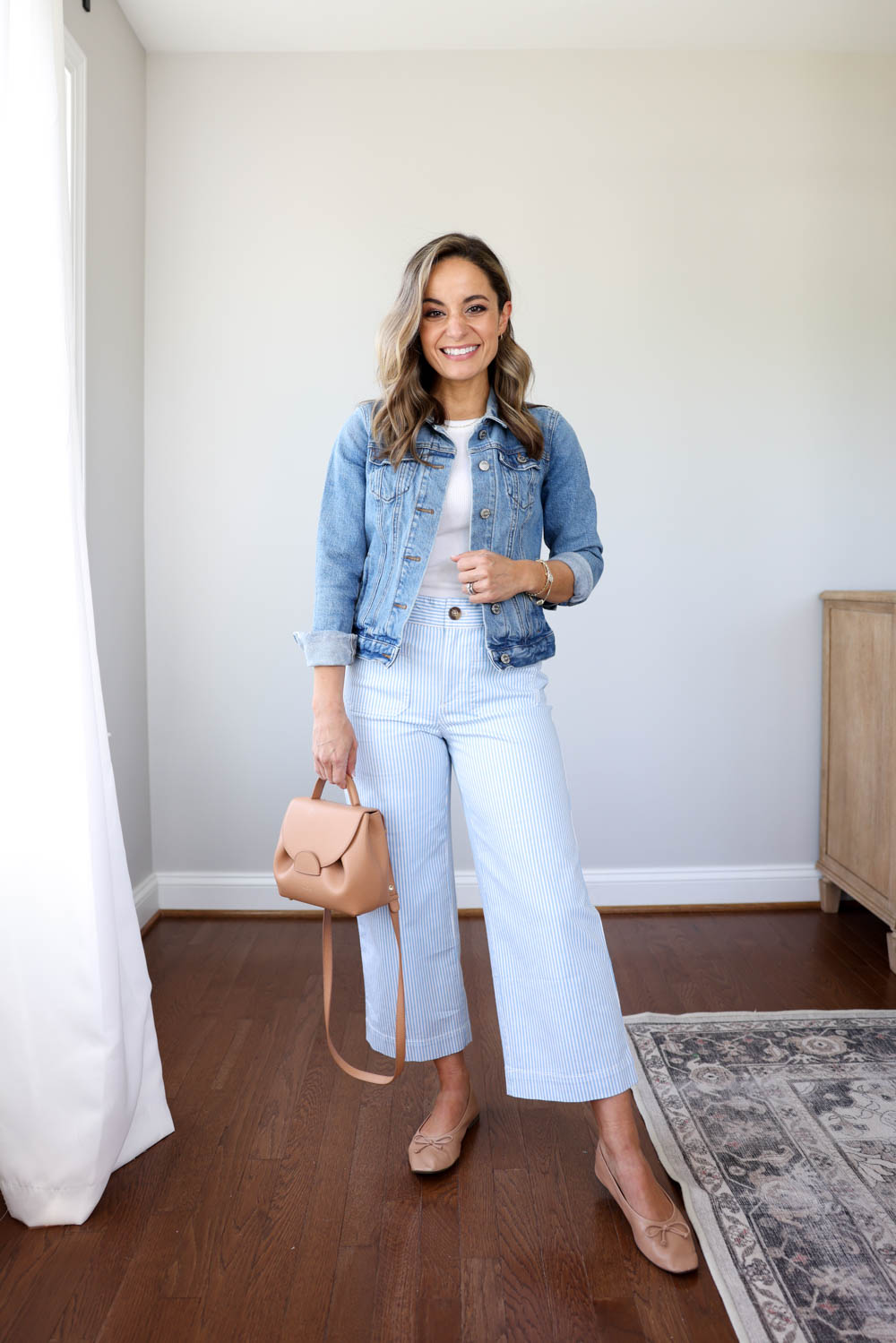 Petite-friendly spring outfit with a denim jacket via pumps and push-ups blog | petite style blog | petite fashion | teacher outfit| spring outfit 
