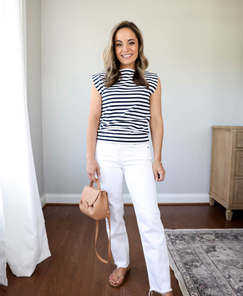 Petite-friendly spring outfit via pumps and push-ups blog | navy striped top spring outfit | white jeans outfits | mid-rise jeans outfits | petite fashion