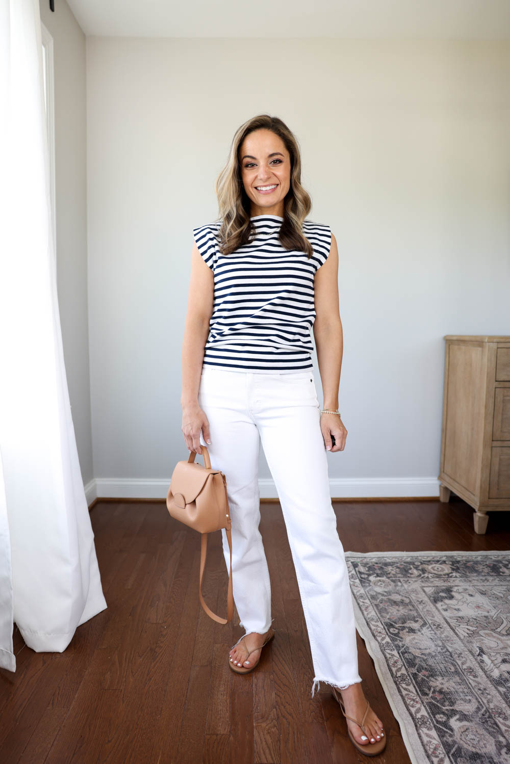 Petite-friendly spring outfit via pumps and push-ups blog | navy striped top spring outfit | white jeans outfits | mid-rise jeans outfits | petite fashion 