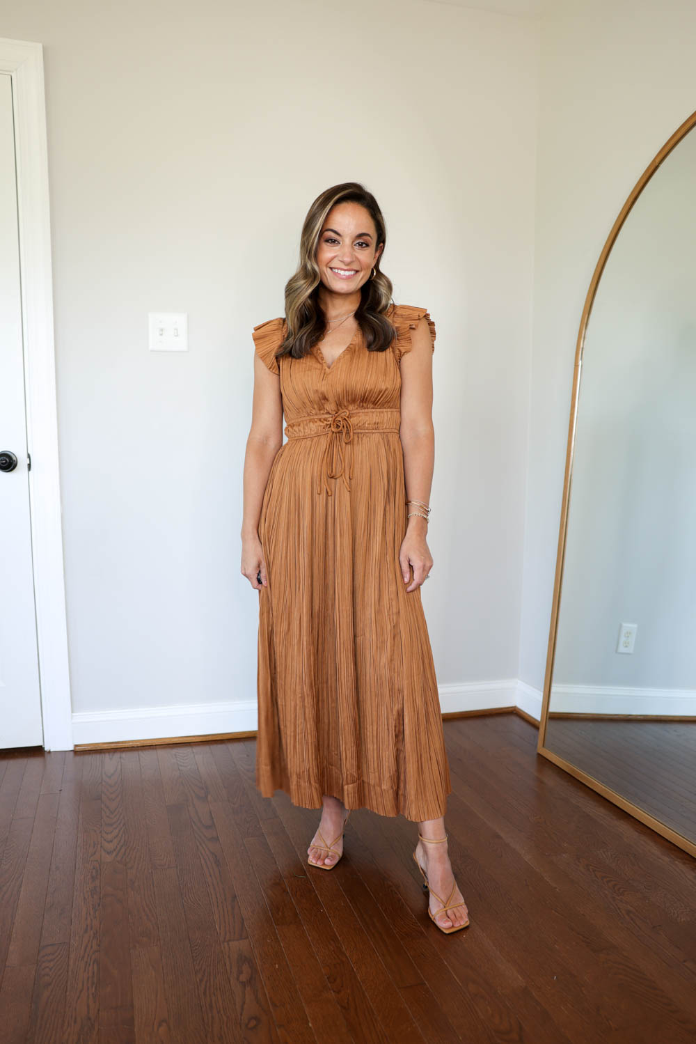 Petite-friendly finds from the Nordstrom Anniversary Sale | Wedding guest dress for fall via pumps and push-ups blog | rust dress | fall dresses