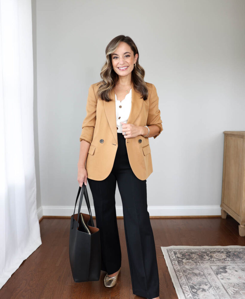 Petite-friendly outfit ideas for teachers via pumps and push-ups blog | wide-leg pants outfits | casual outfits for work | outfits for work with flats | business casual outfits