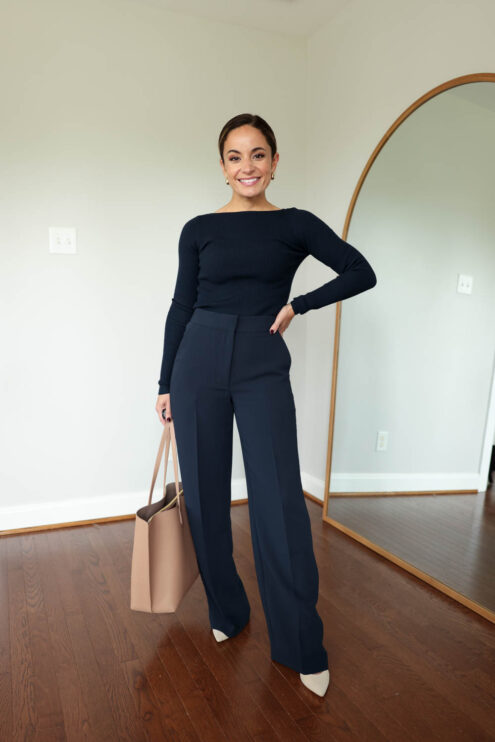 Aritzia Limitless Pants review via Pumps and Push-Ups blog | petite fashion | petite style | outfits for work | navy neutral outfits | petite style